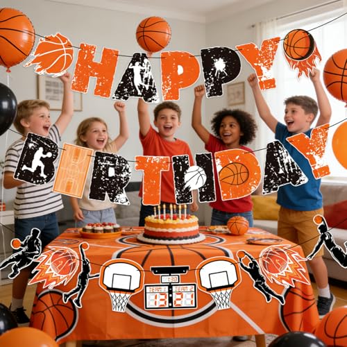 Image of SUNBEAUTY Basketball Happy Birthday Banner Basket Ball Themed Party Decorations Sports Birthday Banner Basketball Party Supplies Slam Dunk Garland Birthday Sign for Kids Teenagers Boys Men