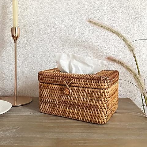 5 Inch Tall Rattan Tissue Box Cover Rectangular with Hinged Top Lid and Bead, Boho Woven Facial Napkin Holder, Decorative Napkin Dispenser Holder Organizer for Dresser Bathroom Décor, Brown Cover