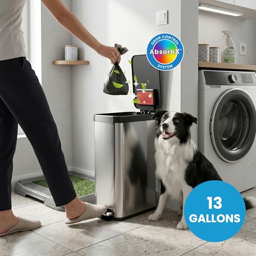 Image of iTouchless 13.2 Gallon / 50 Liter Dog Poop Trash Can with Lid & AbsorbX Odor Filter, Slim Stainless Steel Pet Waste Bin, Soft-Close Step Pedal, Large Capacity Recycle Bin