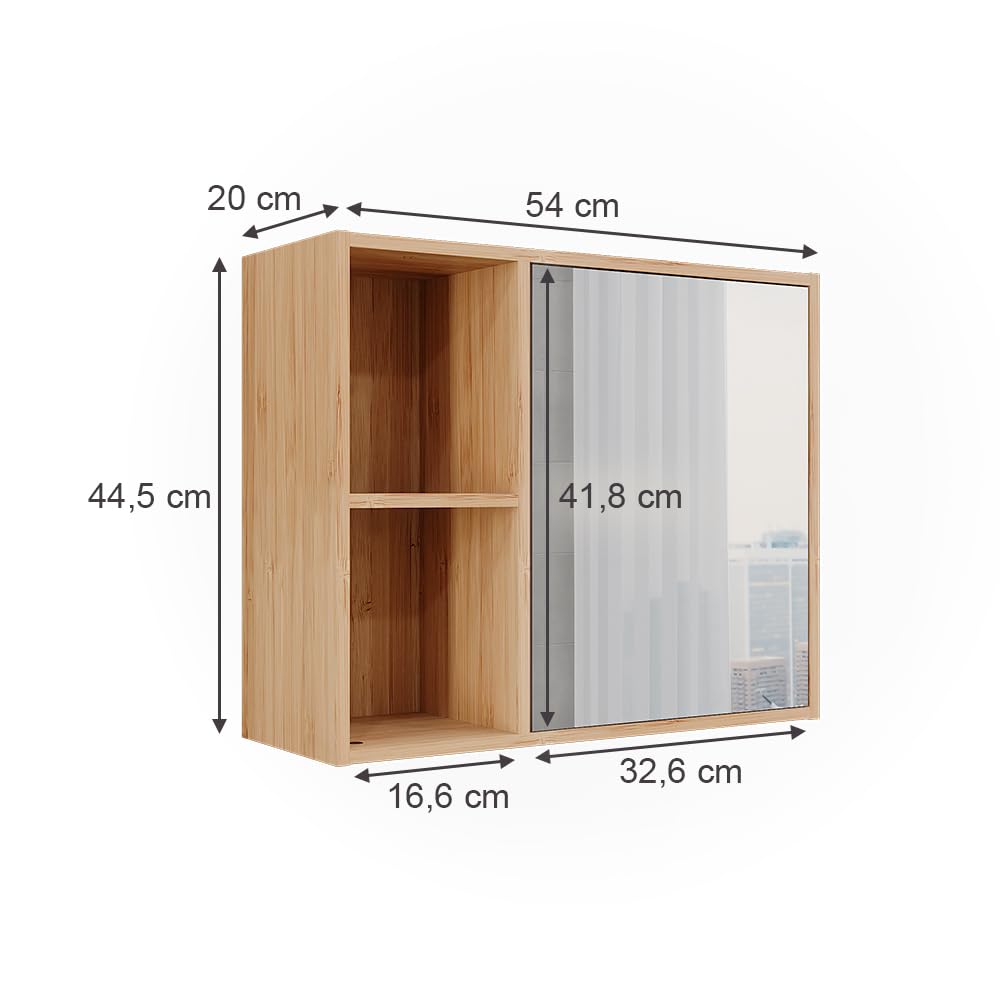 Vicco Mobile a specchio per il bagno Lucie, Bambù, 54 x 44.5 cm con specchio, adatto per la conservazione salvaspazio di accessori da bagno