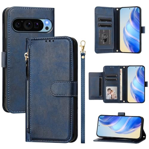 Étui Google Pixel 10 5G bleu housse portefeuille zippée à rabat avec sangle