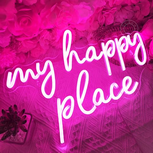 Image of SYLHOME Pink My Happy Place LED Neon Light Sign USB Girls Babys Bedroom Living Room Kitchen Wall Decor Sign Wedding Party Sign Christmas Birthday Gifts 15.8 inch X 11.2 inch 5V Teens