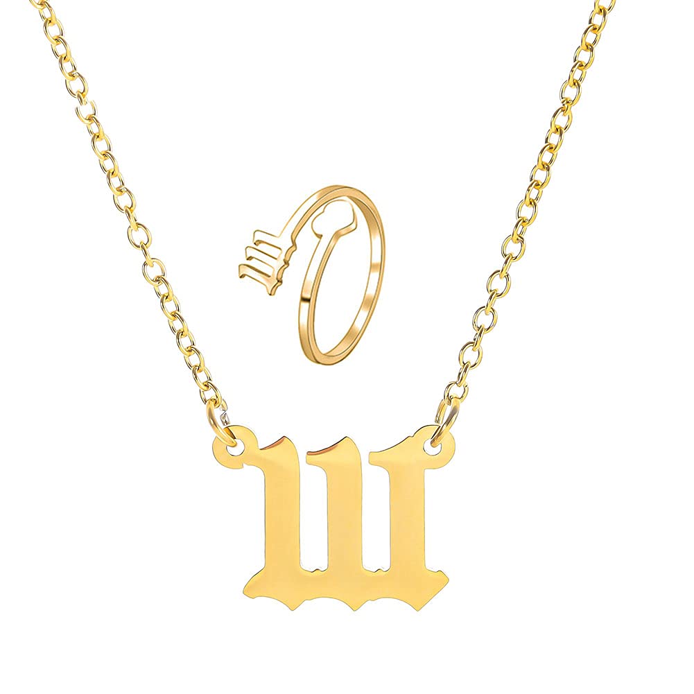 Angel Number Necklace Pendant Stainless Steel Lucky Number Necklace Choker 111 444 999 Number Open Rings Necklace Set for Women Girls Numerology