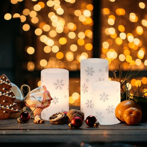 Image of GenSwin Christmas Flameless Candles with Timer, LED Flickering Candles Real Wax with Silver Snowflake Decals, 3 Pack Pillar Candle for Winter Indoor Fireplace Christmas Decor(D3 inch x H4 inch5 inch6 inch)