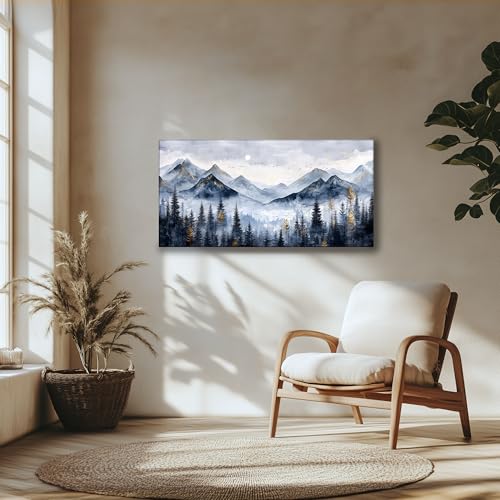 SERIMINO Mountain Landscape Large Wall Art, Misty Forest Canvas Prints, Blue Gold Watercolor Pine Tree Paintings Wall Decor Living Room Bedroom, Natural Scenery Office Decor Pictures 20"X40"