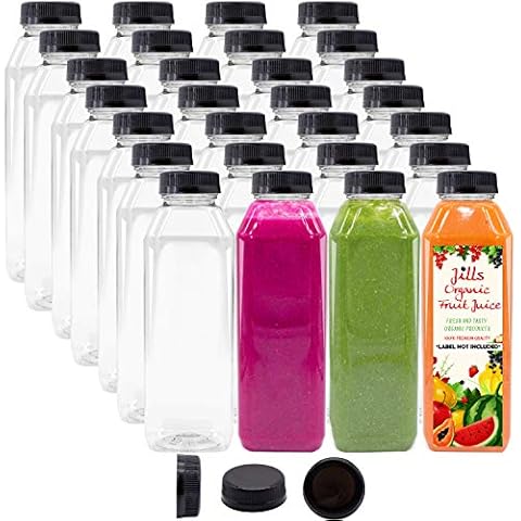 Leere PET-Kunststoff-Saftflaschen, 473 ml, 35 Stück, wiederverwendbar, transparent, Einweg-Milchbehälter, mit schwarzen manipulationssicheren Deckeln Cover