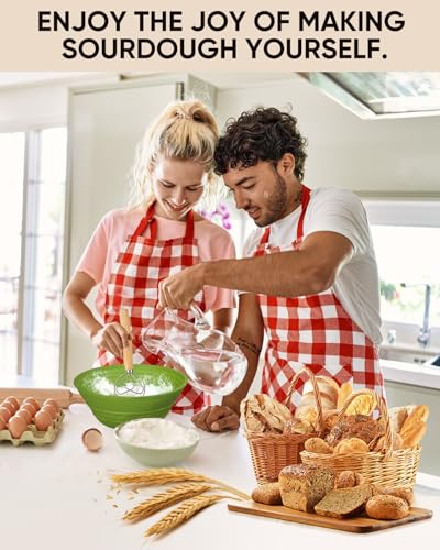 Image of Sourdough Bread Baking Supplies 34 OZ Sourdough starter kit with 2 Bread Proofing Basket - Green