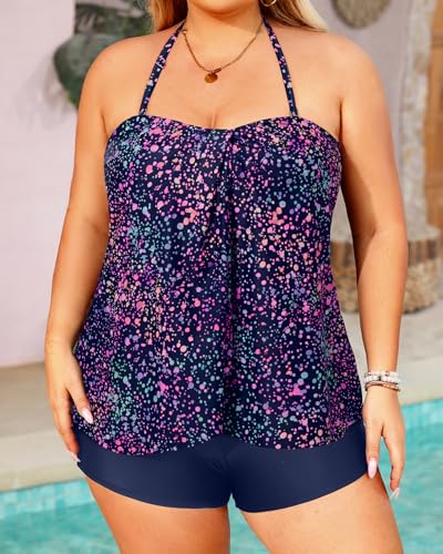 Image of Daci Plus Size Bandeau Tankini Swimsuit for Women 2 Piece Halter Swim Top with Shorts Tummy Control Bathing Suits
