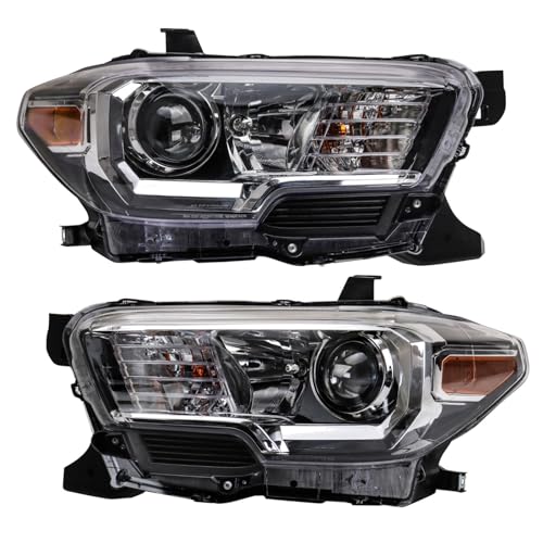 Image of TRQ 2 Piece Headlight Assembly Set Halogen Black Bezel Driver & Passenger Side Compatible with Toyota Tacoma 2016-2017 Without LED Daytime Running Lights Without Fog Lights TO2502243 TO2503243
