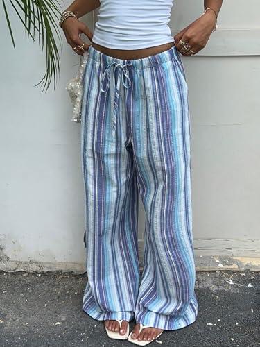 Womens Oversized Casual Pants Striped Color Block Wide Leg Loose Long Trousers with Pockets 6