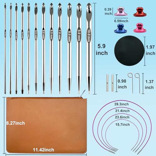 Image of Hobekoee Tunisian Crochet Hooks Set with Cable,12 Size Aluminium Interchangeable Crochet Hook Set Inline Crochet Hooks Afghan Crochet Needles 3mm-10mm