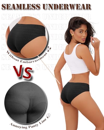 Image of Seamless Underwear for Women No Show Cheeky Low Rise Bikini Jacquard Soft Ladies Panties Breathable Stretch Hipster 6 Pack, Medium Black