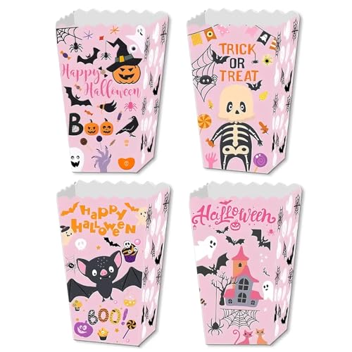 Qaixwuyi 8 bolsas de palomitas de maíz de Halloween, contenedores para caramelos, fiestas, caramelos, palomitas de maíz, cajas de cartón, 4 patrones, bolsas de fiesta para barras de sal, caramelos