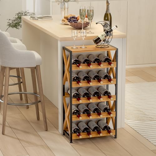 LUMAMU 20 Bottle Wine Rack Freestanding Floor with Wood Top,Wobble-Free 5 Tier Wine Display Storage...
