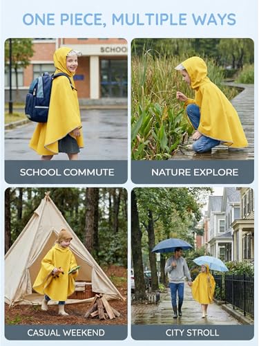 Image of Haloumoning Kids Hooded Rain Poncho Girls Waterproof Lightweight Reusable Raincoat Jacket 4-14 Years