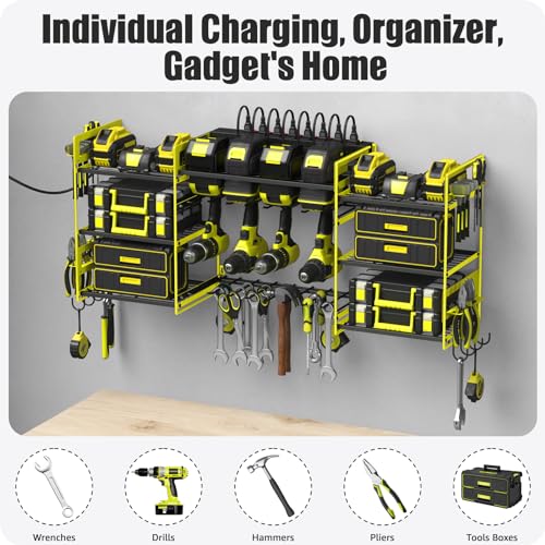 CCCEI Green Power Tool Organizer Wall Mount, Large Tools and Battery Storage Rack Charging Station Individual Switches. Drills Holder, Garage Utility Shelves with 6FT Power Strip. Gift for Men. - Image 6