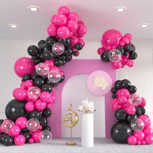 136pcs Hot Pink Black Balloon Arch Kit with Clear Balloons - 18/12/10/5 Inch Gothic Garland for Womens Birthday Valentines Day Class of 2025 Party Decor