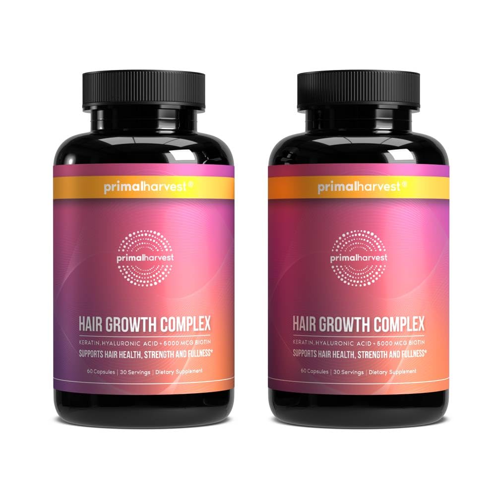 Primal HarvestHair Growth Vitamins, 2 Pack - 120 Pills, Natural Hair Regrowth, Thickening, and Supplement for Men & Women with Biotin & Zinc