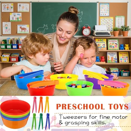 Image of VioraWhite 24 Pcs Sorting Bowls with Tweezers, 6 Color Counting Toy Develops Fine Motor Skills, STEM Early Math Activity Set for Preschool Kids, Ideal for Back to School Learning