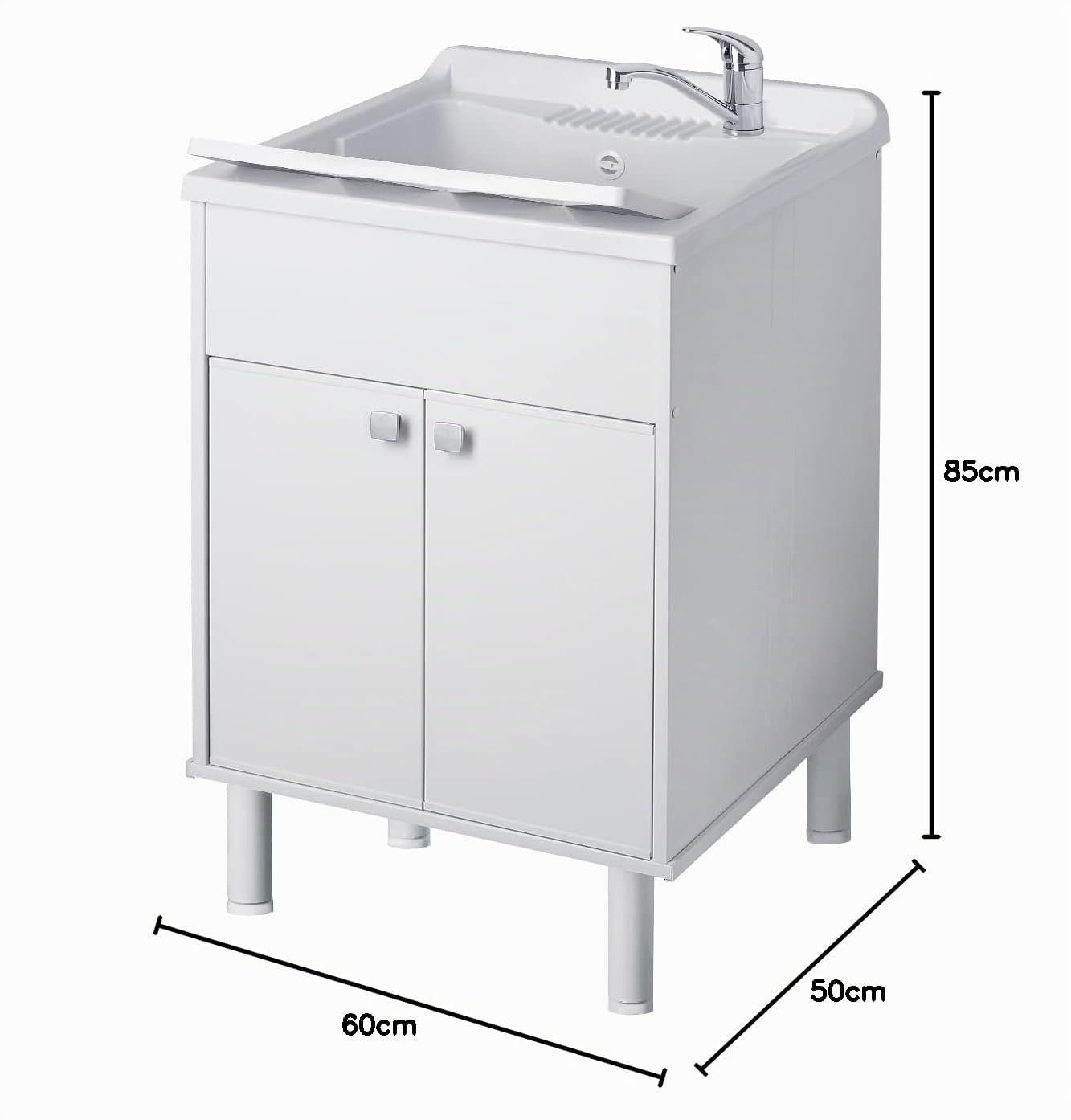 Negrari Lavabo Lavabo en résine, résistant aux acides d'usage courant, résistant à l'humidité, kit d'échappement inclus, intérieur et extérieur, L60 x P50 x H85 cm, blanc