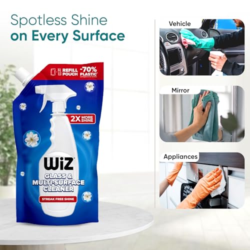 Image of Wiz Cleen 2X More Shine Glass & Multi-Surface Cleaner Liquid 1L Refill (Pack of 2) | Streak-Free Shine | Glass Cleaner for Car, Kitchen & Home | 70% Less Plastic Refill Pouch