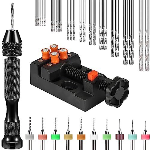 DAOKAI 37 Pieces Mini Hand Drill Set for Crafts, Pin Vise Hand Drill, PCB Micro Mini Twist Drill Bits (0.6-3mm) with Bench Vice for Resin Polymer Clay Craft DIY Jewelry