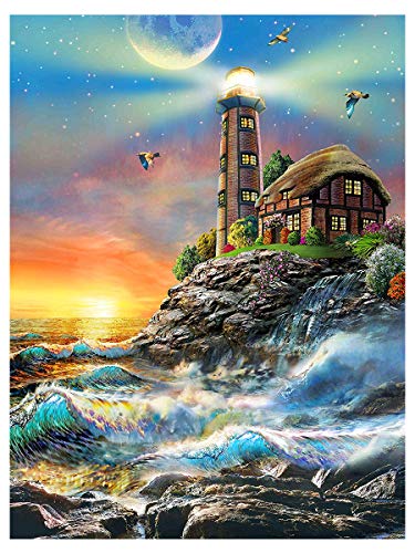 Blxecky DIY 5D Diamond Painting by Number Kit for Adult, Full Drill Diamond Embroidery Dotz Kit Home Wall Decor-Lighthouse(30X40CM 12X16inch)