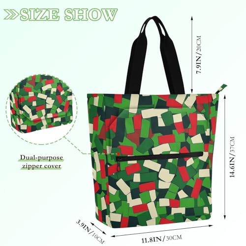Decorative Cute Book Tote Bag for Kids Adults, Camouflage Mah-jong Style Large Library Book Tote Shopping Bag with Zipper Handles for School Shopping Grocery Rainbow bolsa de tela para2