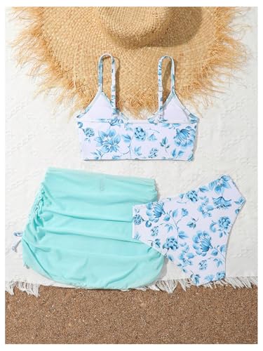 Image of COZYEASE Girls' 3 Piece Set Floral Print Bikini Swimsuit with Drawstring Beach Skirt Cute Ruched Bathing Suit