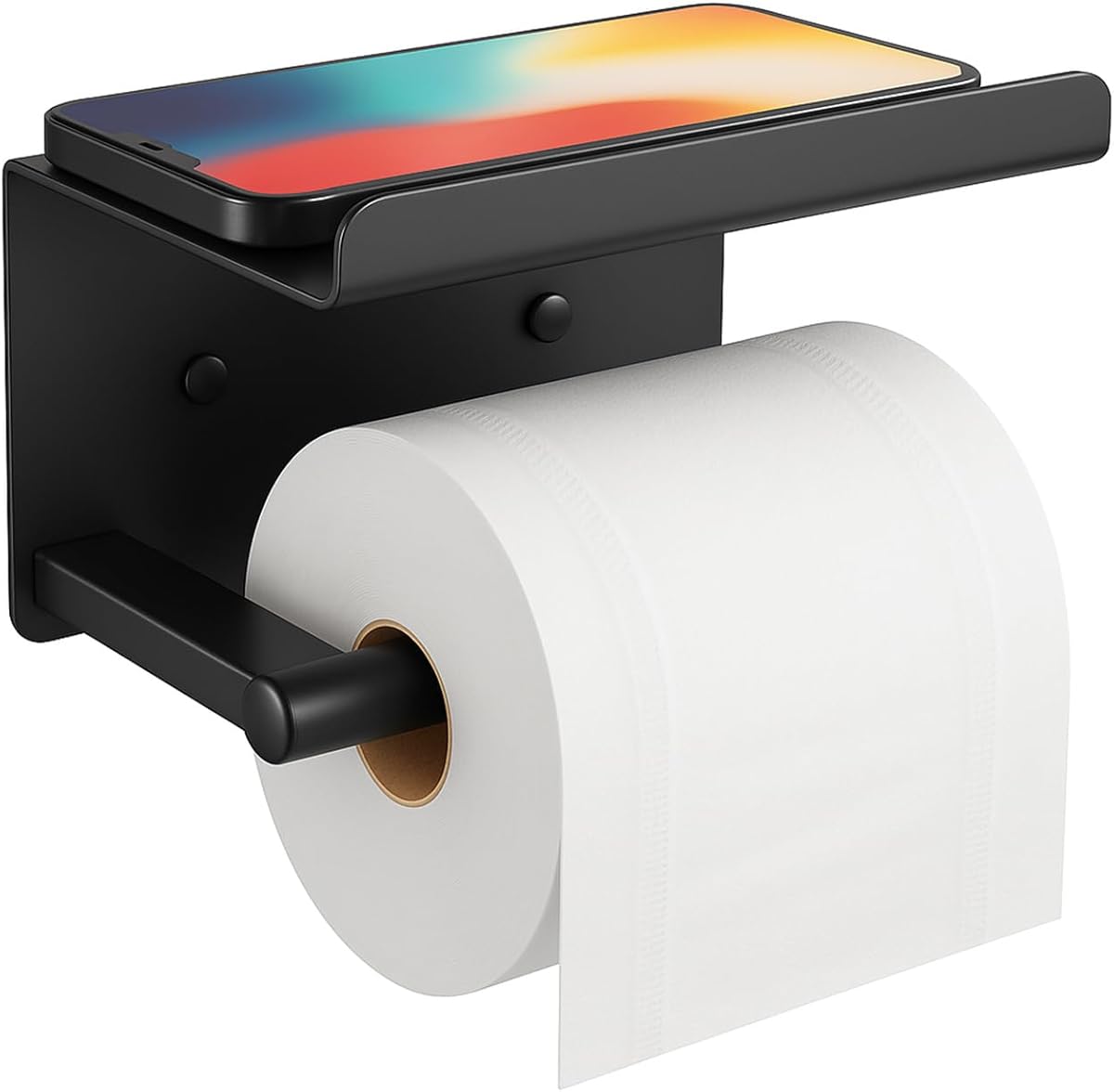 Adhesive Toilet Paper Holder - Wall-Mounted Toilet Paper Roll Holder with Phone Shelf, Rustproof No Nail Toilet Roll Holder with Shelf, Toilet Tissue Holder, Black