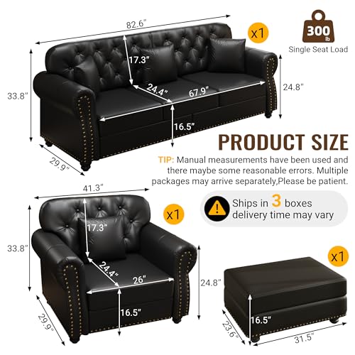 Image of KEIKI 2-Piece Chesterfield Sofa Set with 1 Faux Leather 3-Seater Sofa & 1 Single Sofa, Upholstered 4-Seater Couch Set with Nailhead Trim & Rolled Arms & 1 Ottoman & 4 Pillow, for Living Room, Black