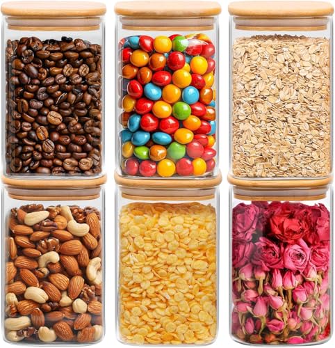 Image of Square Glass Food Storage Containers with Airtight Bamboo Lid, 1200 ml Thickened Coffee Storage Jars for Home Kitchen, Pantry, Spices, Snack set of 6(6, SQUARE BAMBOO LID GLASS JAR 1200 ml -)