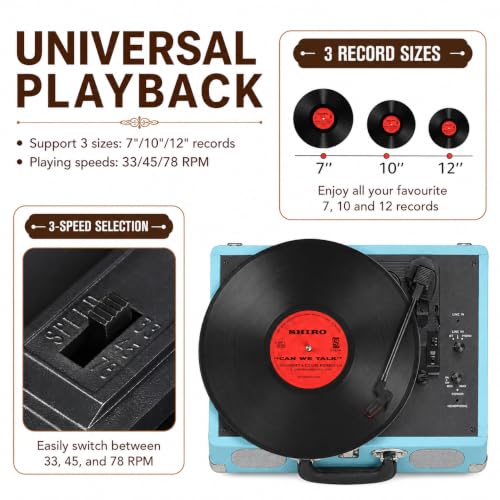 Image of Retrolife Record Player 3-Speed Bluetooth Portable Turntable-Sky Blue | Belt-Driven with Built-in Speakers, Wireless Bluetooth Input, RCA Out AUX In Headphone Jack, Auto-Stop, Gift for Music Lovers