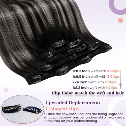 Image of LaaVoo Clip in Hair Extensions Ombre Black to Silver, 5pcs 80g | Hair Extensions Clip in Real Human Hair for Quick Volume, Natural, Short Straight, Double Weft,14 inch