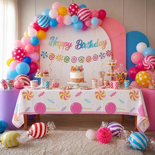 Image of Blue Orchards Candy Table Covers (Pack of 3) - 54 inchx108 inch XL - Table Cloth, Party Supplies, Decorations, Lollipop Birthday Party, Halloween Candyland Theme Disposable Plastic Tablecloth Pack