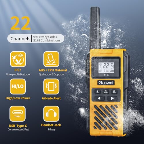 Image of Gaswei G1pro Walkie Talkie Long Range IP67 Waterproof 22 Channels(2 Pack) | Two Way Radios,NOAA Weather Alert,Call Alert,VOX,FM Radio,Rechargeable,Keypad Lock,Shock Resistant,Hiking,Camping,Skiing