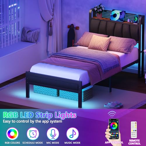 Image of Furnulem Twin Bed Frame with LED Light and Charging Station, Grey Upholstered Storage Headboard with Shelf, Metal Platform Bed with Heavy Duty Slats, No Box Spring Needed, Noise Free & Easy Assembly