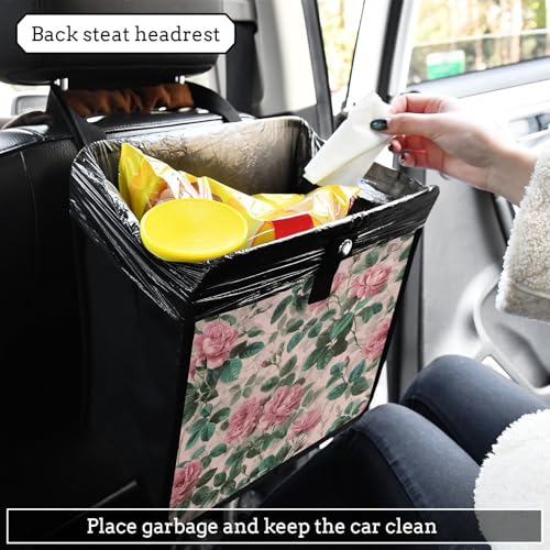 Image of Car Trash Can Organizer Bin with Adjustable Strap for Back Front Seat Console Waterproof Leakproof Collapsible Portable 11 Inch Pink Vintage Roses with Leaves