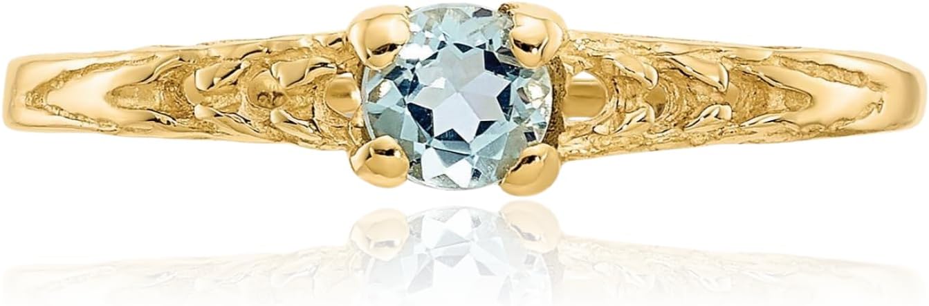 IceCarats 14K Solid Yellow Gold 0.10 carat Blue Aquamarine Filigree Solitaire Ring 3mm Slim Band Round Cut, Natural, Prong Set