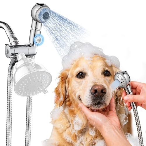 Quiet Dog Shower Attachment with One-Button Pause 2-Mode Mini Pet Shower Head for Nervous Dog Bath& Dog Head 98 Long Hose Palm-Size Design Gentle Water Flow Perfect for Cat Fits Shower Arm Only
