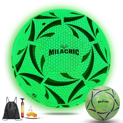 MILACHIC Soccer Ball Glow in the Dark Soccer Ball Size 4 for Teens Green Glowing Luminous Soccer Ball Gift for Men Women Indoor Outdor Soccer Training (with Pump)