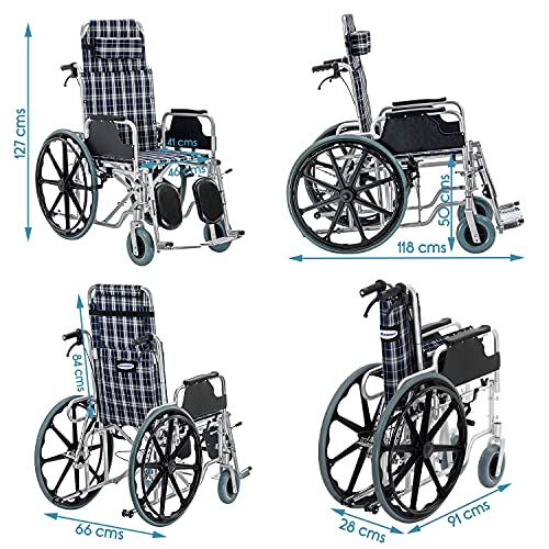 Image of KosmoCare Recliner Light Foldable Wheelchair with Aluminium Frame | Foldable Wheelchair | Wheel chairs for old people | Recliner Wheel chair | Manual Mobility Aid Comfortable 18 inch wide seat |
