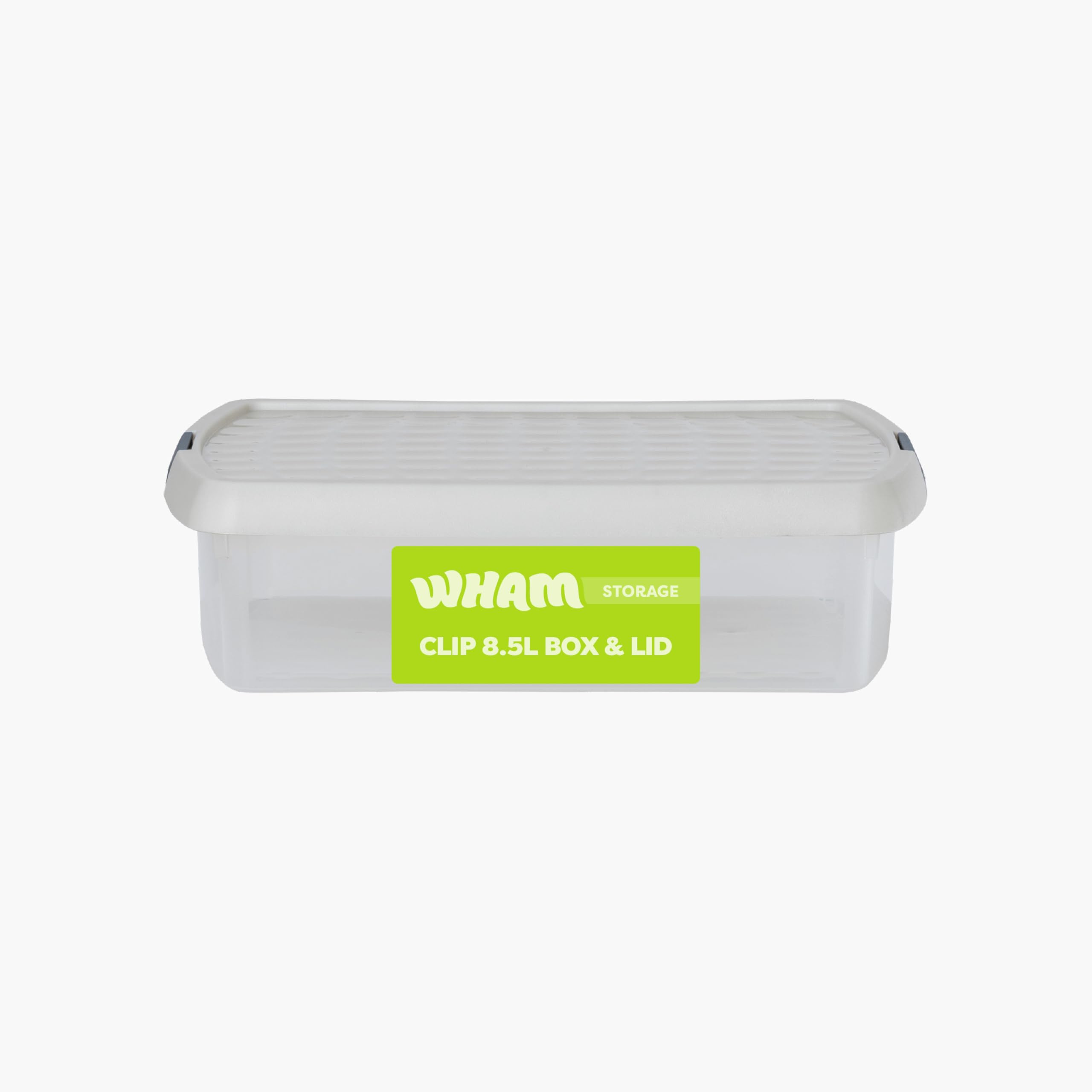 Wham Clip 8.5L Rectangular Stackable Plastic Storage Box with Lid | Ideal for Home, Office, Toys & More | Storage Container with Clip Lock | Made in UK - Clear/Stone
