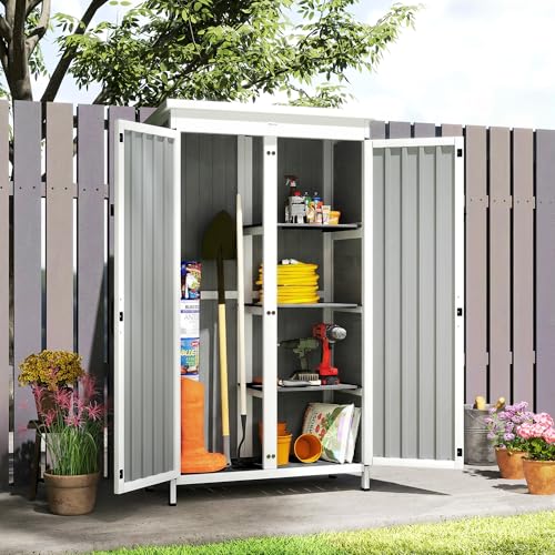 Outsunny Armadio Da Giardino In Legno Abete E Acciaio, Casetta Attrezzi Giardino Con Porta Bloccabile, Tetto Asfalto, Ripiani Rimovibili, Capanno Porta Attrezzi Per Esterno, 94X43X166Cm, Bianco Nero - 8