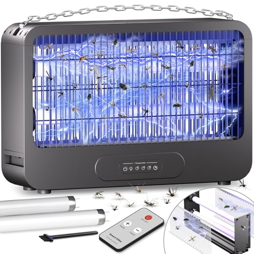 Lampara Antimosquitos Eléctrico Rejilla de Doble Tensión Matamoscas Electrico Interior 3500V Mata Mosquitos Eléctrico 20W Lámpara Mata Moscas con Temporizador y Mando,Dos lámparas Extras