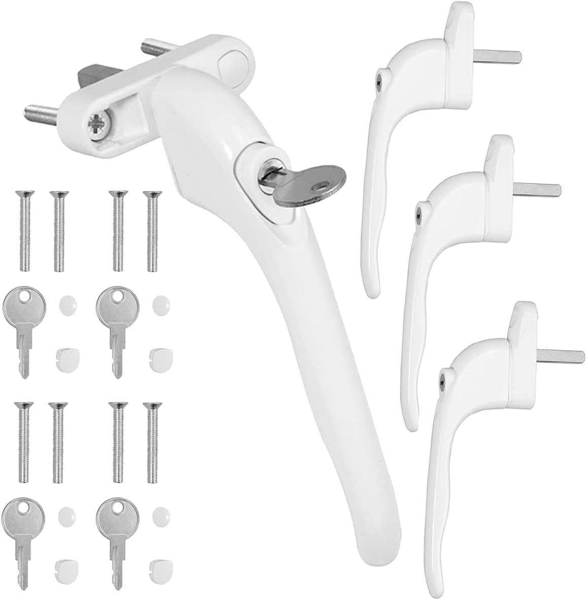 UPVC Window Handle WODSTA 4PCS Lockable Window Handle Inline Locking Universal Espag Handles with Key Aluminum White with 43mm Spindle Length for Indoor and Outdoor UPVC Window