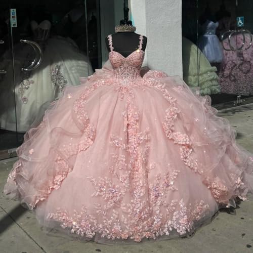 Lace Appliques Quinceanera Dresses with Big Bow Princess XV Dress Puffy Ruffled Ball Gown with Long Train SK0012
