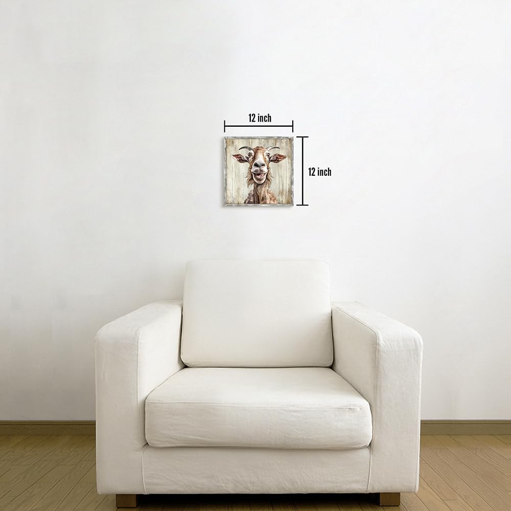 Farm Animal Wall Art Bedroom: Framed Wooden Rustic Goat Painting Print Decor Sheep Picture Artwork for Farmhouse Bathroom Kitchen Living Room 12 x 12 Inches