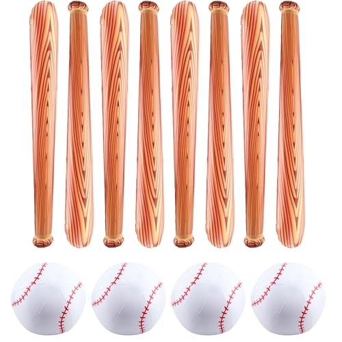 Octaday 12 Pack 31 inch Inflatable Baseball Bat Beach Ball Set Includes 8 Inflatable Baseball Bat and 4 Bolw up Baseball for Pool Beach Playing Birthday Baseball Party Favors