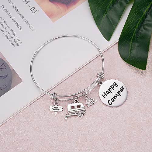 Aesnefe Happy Camper Charm Bracelet Expandable Bangle, Rv Camping Gifts For Women Teens, Outdoors Nature Campfire Gift For Camper Lover, Travel Trailers Vacation Jewelry Gift #TOP3